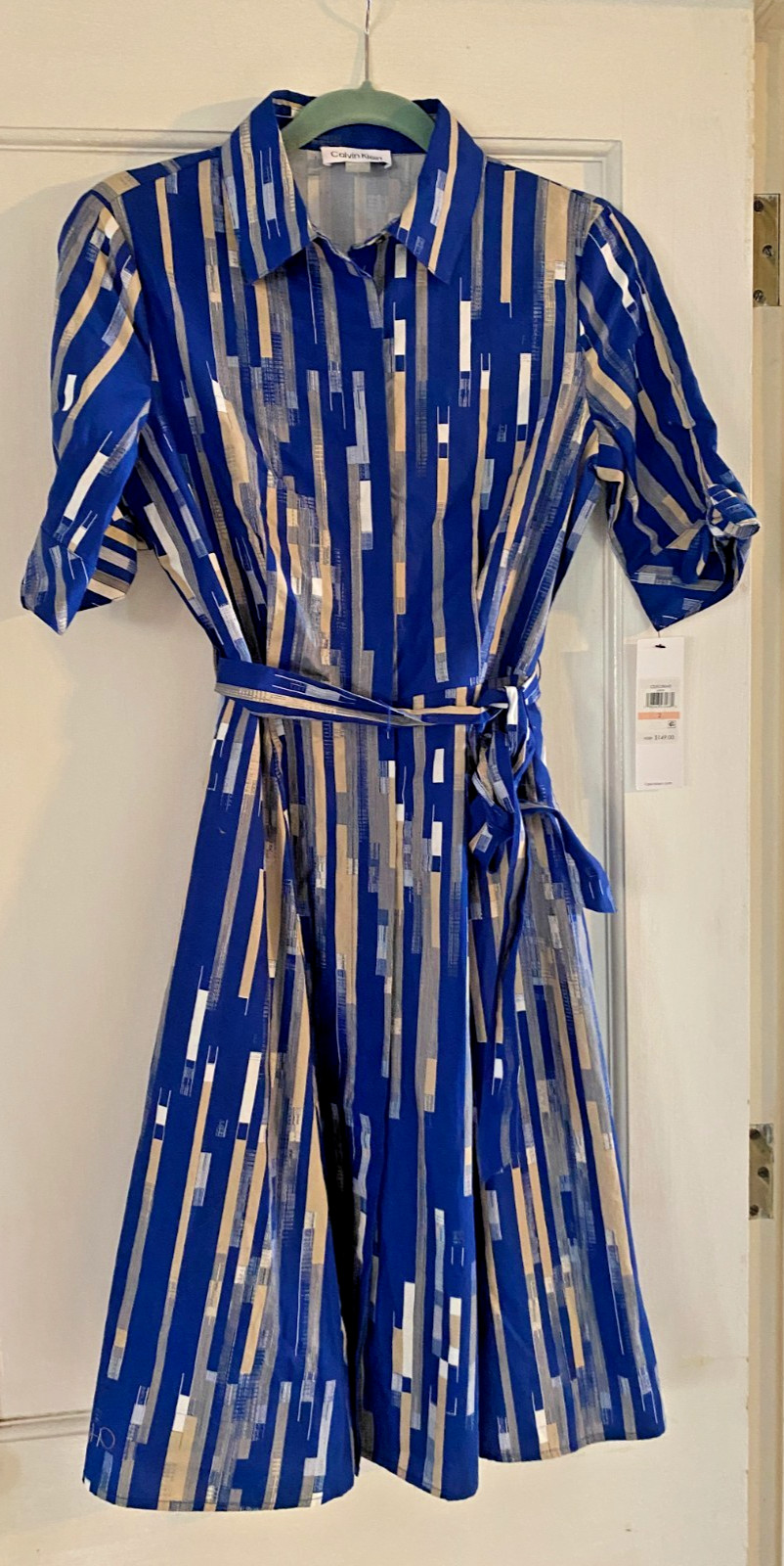 NWT Calvin Klein Cotton Short Sleeve Shirt Dress Belted size 2 Blue
