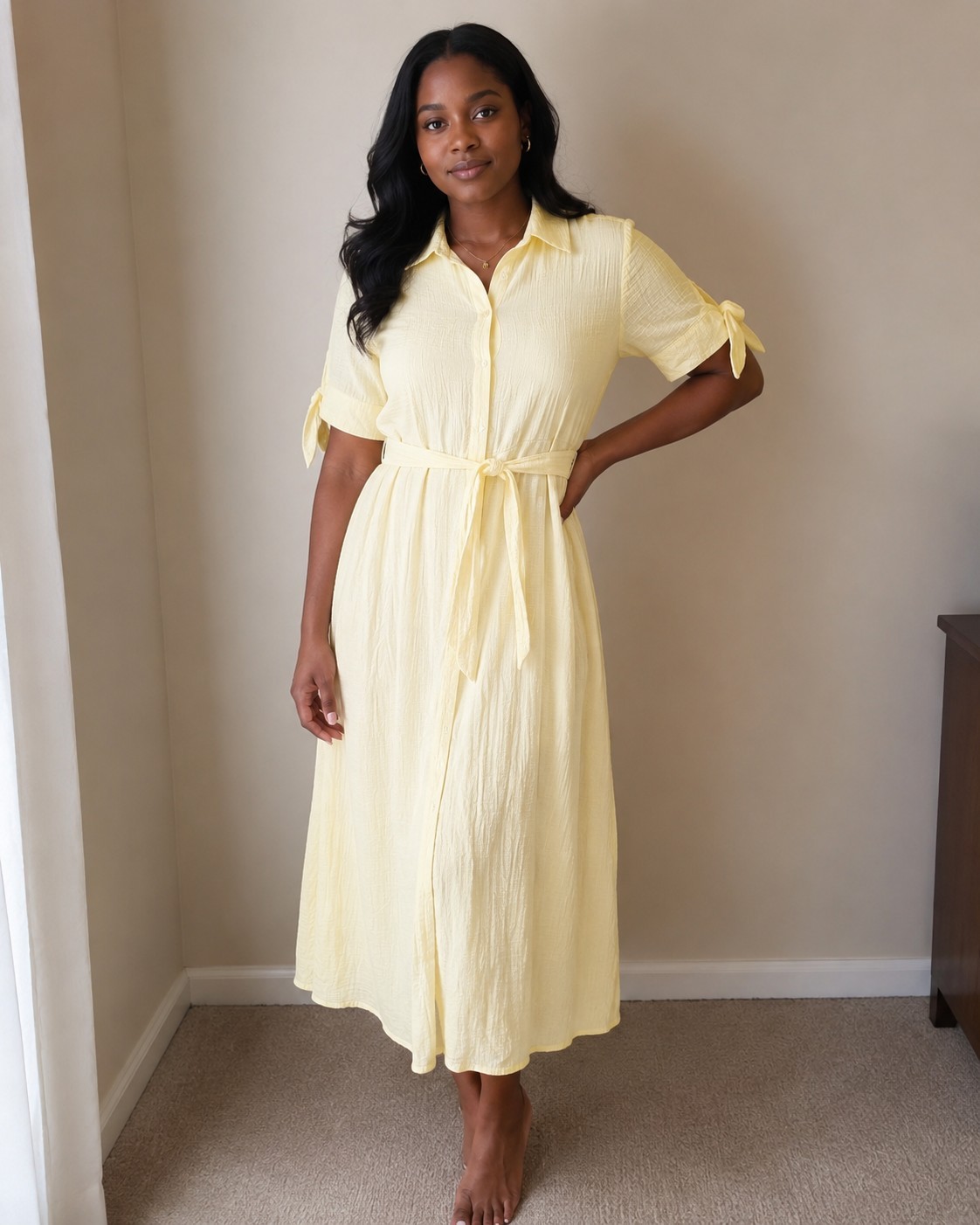 RN Studio by Ronnie Nicole Women’s Yellow Collared Button Tie Midi Shirt Dress 4