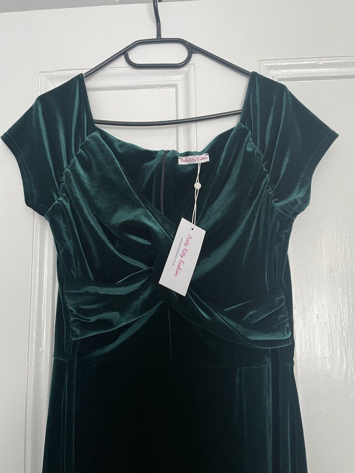 Emerald Green Velvet Knot Front Bardot Evening Gown UK12/14 See Description