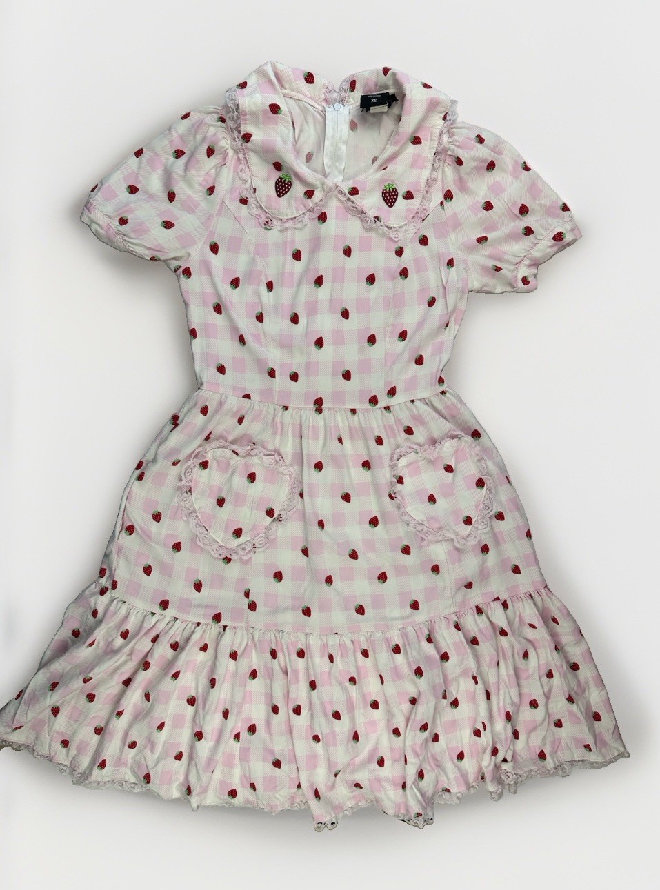 Sweet Society Strawberry Gingham Dress Pink Lace Trim Y2K Coquette Size XS