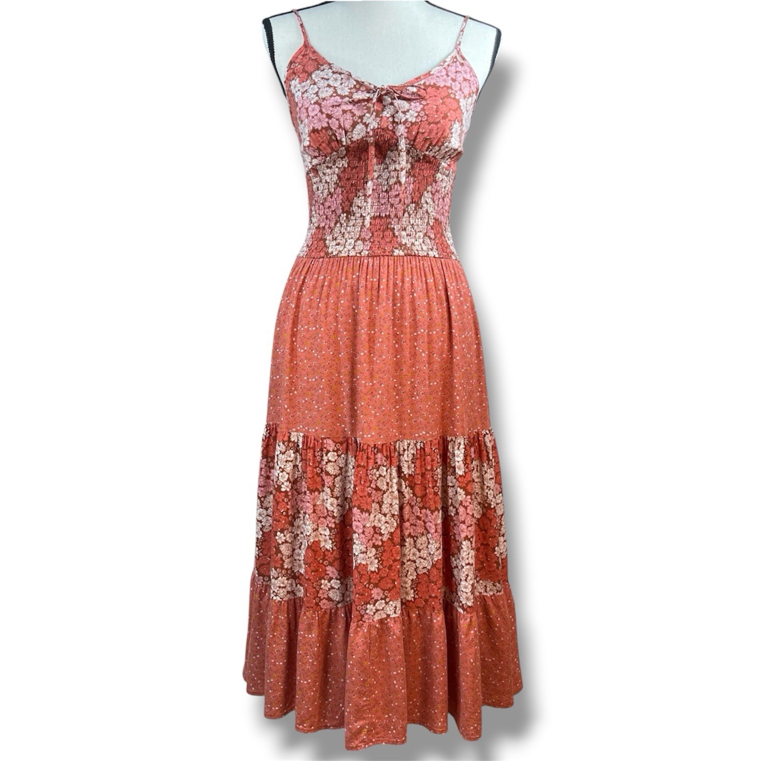 Floral Maxi SunDress Smocked Rust Orange Tiered Dress Cottagecore Boho Chic, S