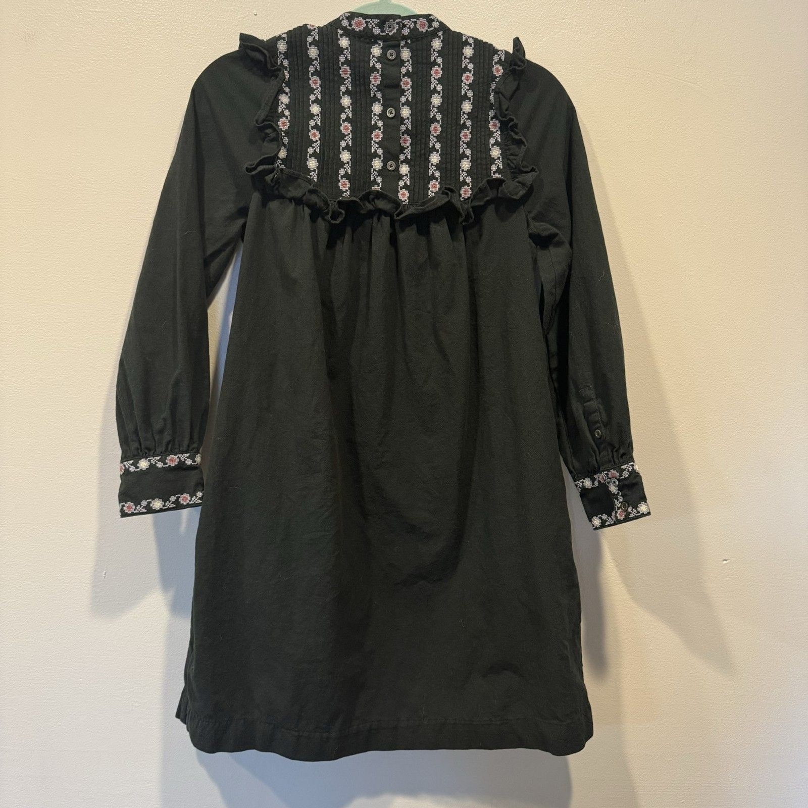 Madewell Embroidered Bib Ruffle Mini Dress Women XS Black Cotton Floral Cottage
