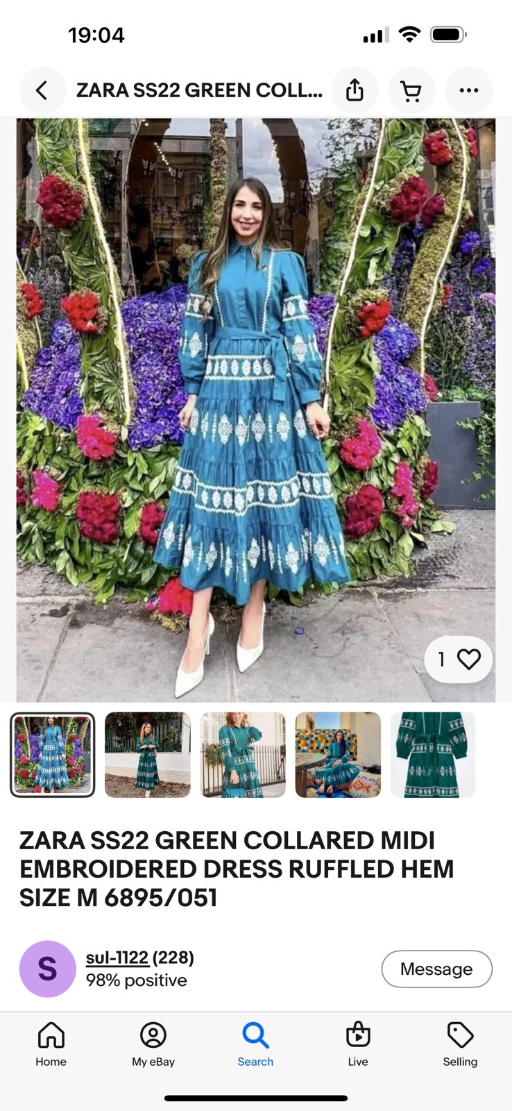 ZARA SS22 GREEN COLLARED MIDI EMBROIDERED DRESS RUFFLED HEM SIZE M 6895/051