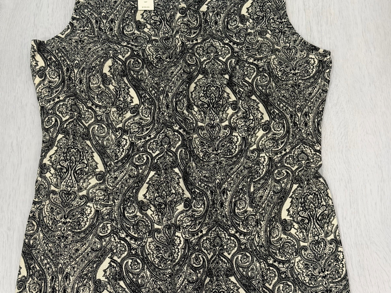 Talbots NEW $139 Sz 14P Cotton Ble Sheath Shift Dress Lined Paisley Black White