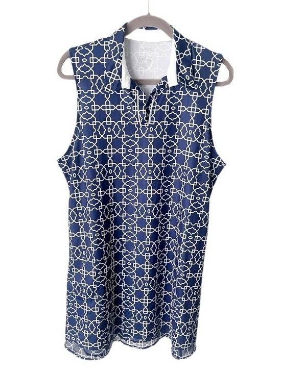 Gottex Notch Neck Polo Dress Size XL Blue & White Geometric Print Preppy Sporty