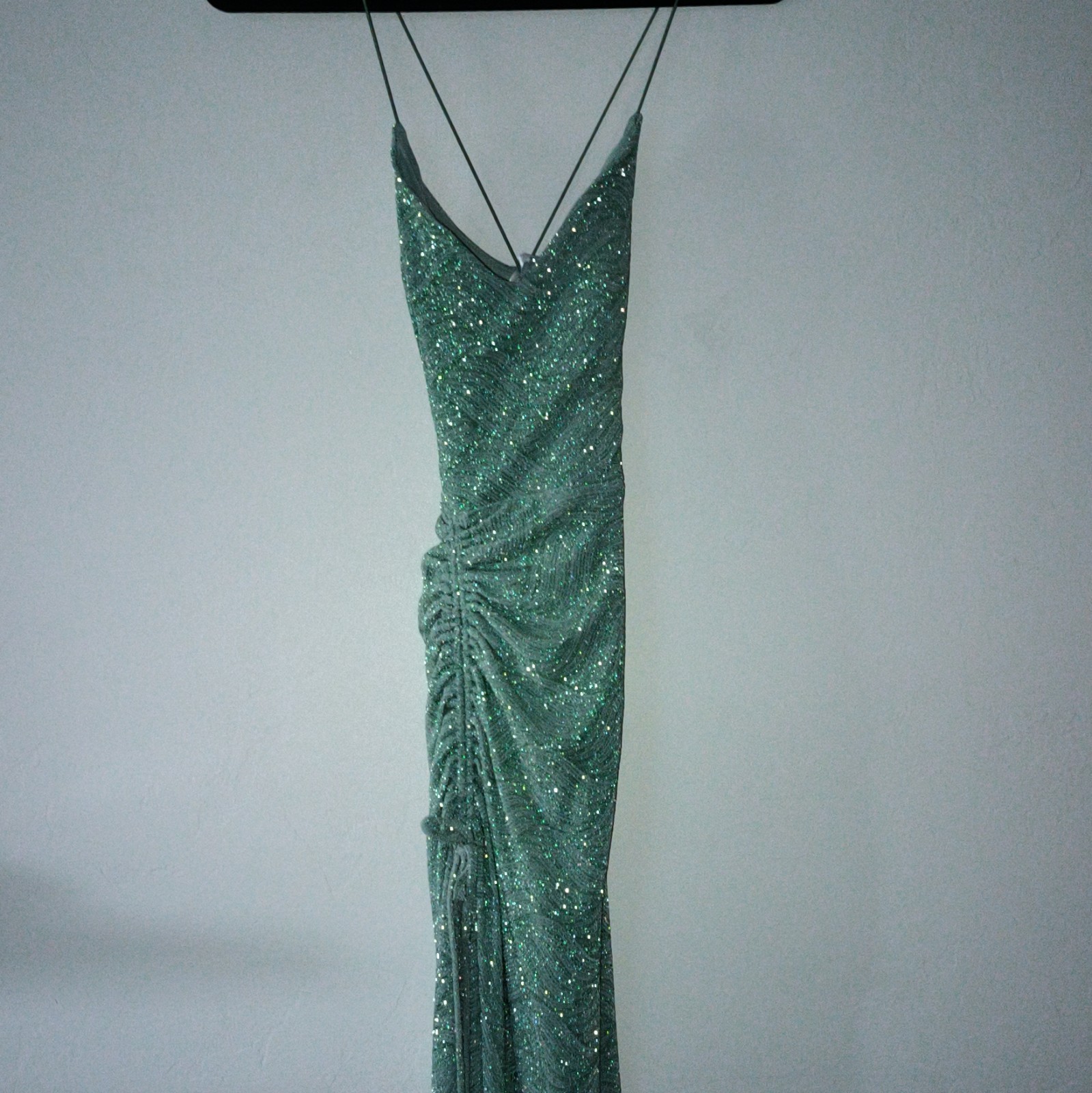 Windsor S Green Glitter Ruched Maxi Dress V-Neck Strappy Side Slit SIZE XS