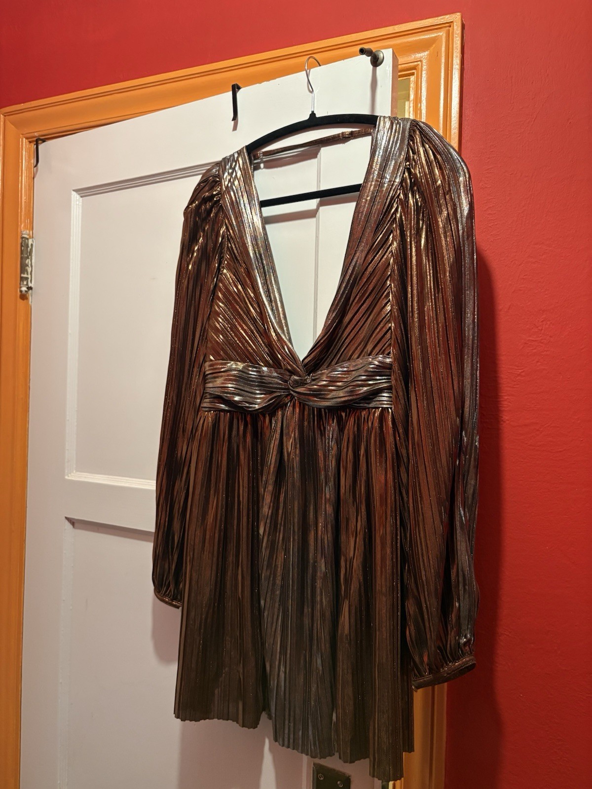 Sabina Musayev Wendy Metallic Bronze Pleated Mini Dress Long Sleeve Sz Med