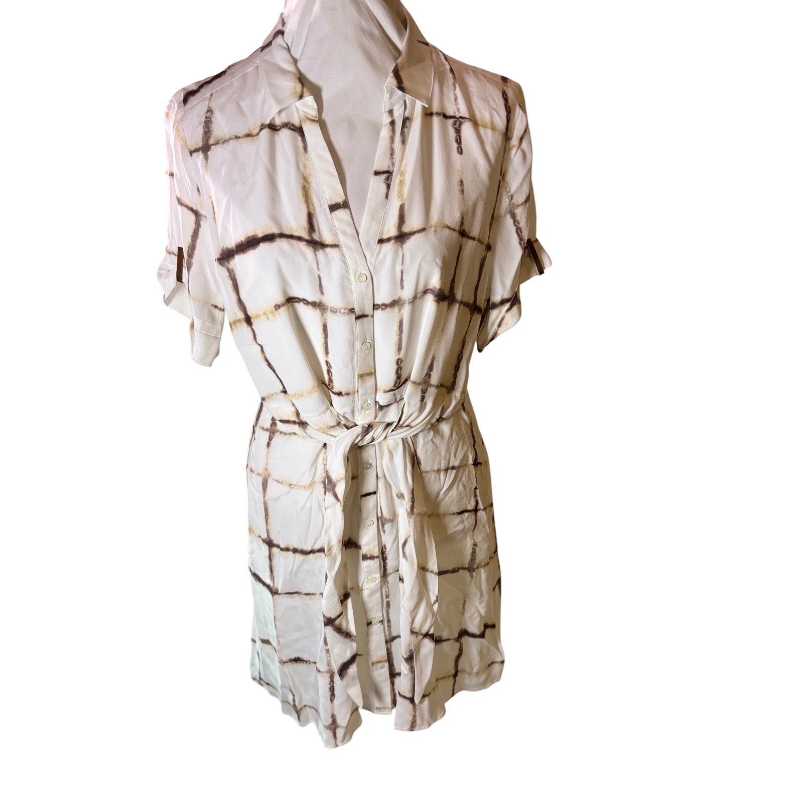 NWT $260 Ecru Melt Tie Waist Shirt Dress Womens L Brown Beige Grid Print Casual