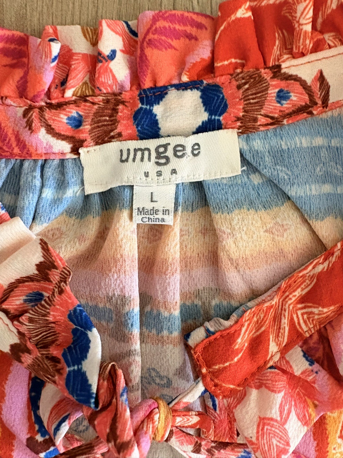 Umgee Orange Multicolor Bohemian Peasant Bell Sleeves Dress/Tunic Keyhole Large