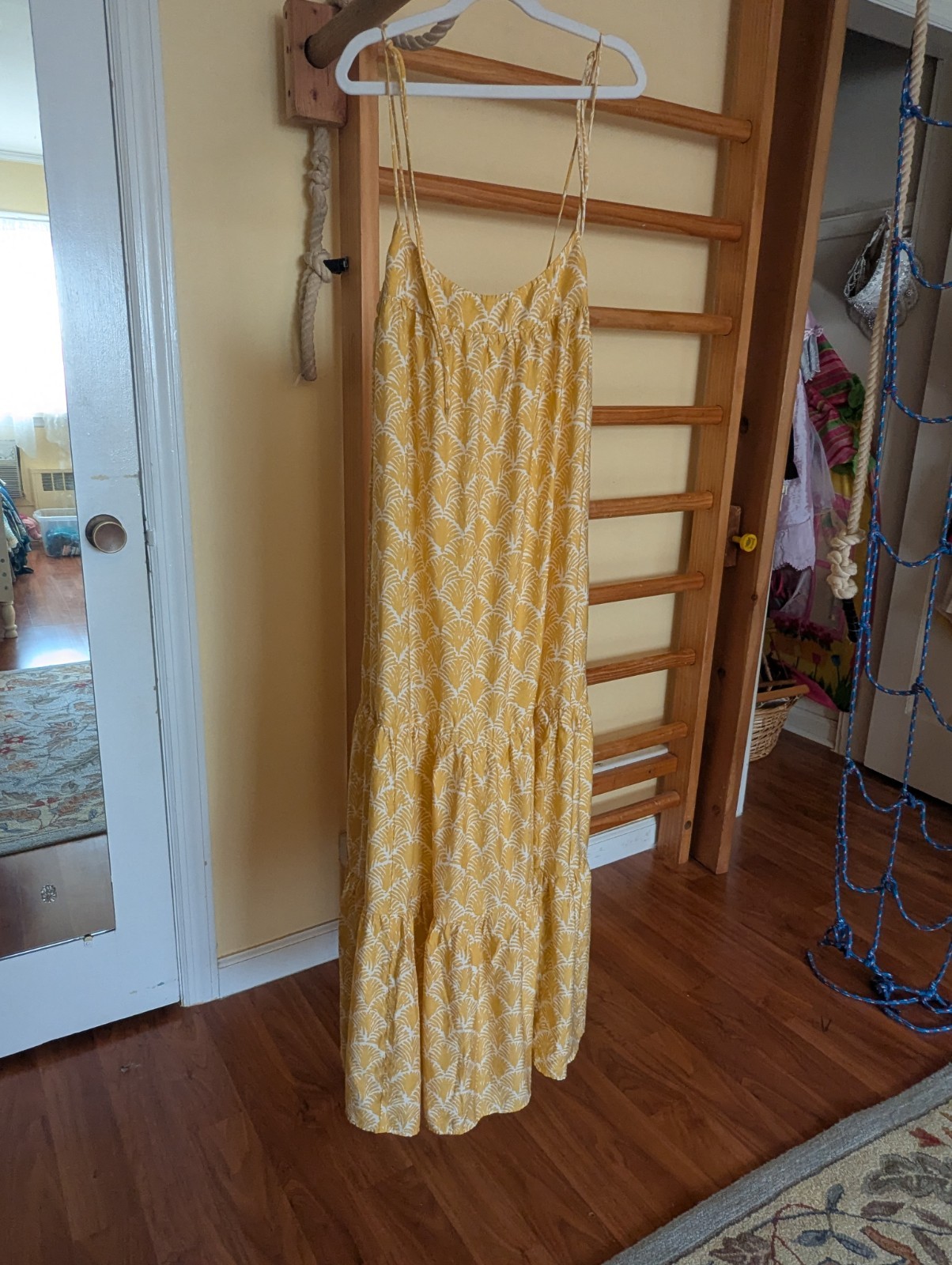 H&M Yellow White Patterned Tie Strap Maxi Dress Tiered Summer Sun Dress Size XS
