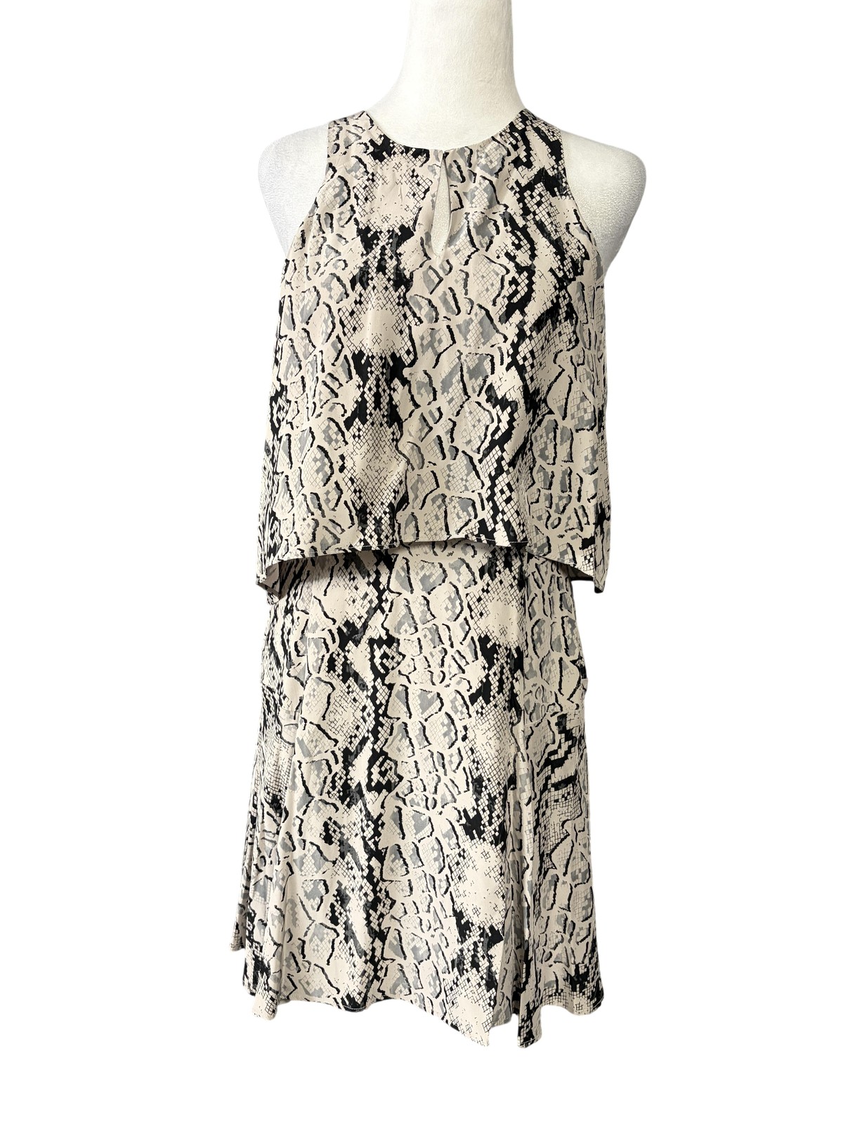 Parker Silk Dress Womens L Beige Snake Print Halter Mini Shift Layered NWT