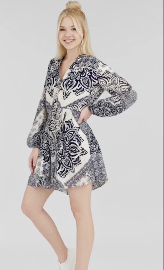 Zara Long Sleeve Mini Dress Womens L Navy White Paisley Balloon Sleeve Cotton