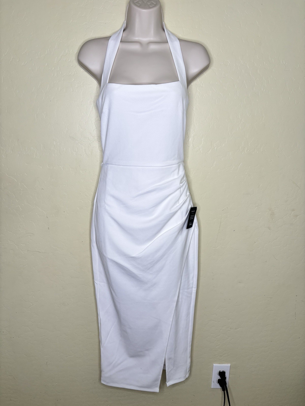 Lulus White Square Neck Halter Bodycon Midi Dress Slit Sleeveless Size S