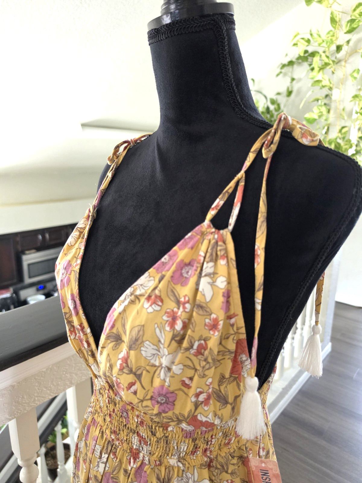 Inspired Hearts Yellow Floral V-Neck Tassel Tie Strappy Maxi Dress Womens L