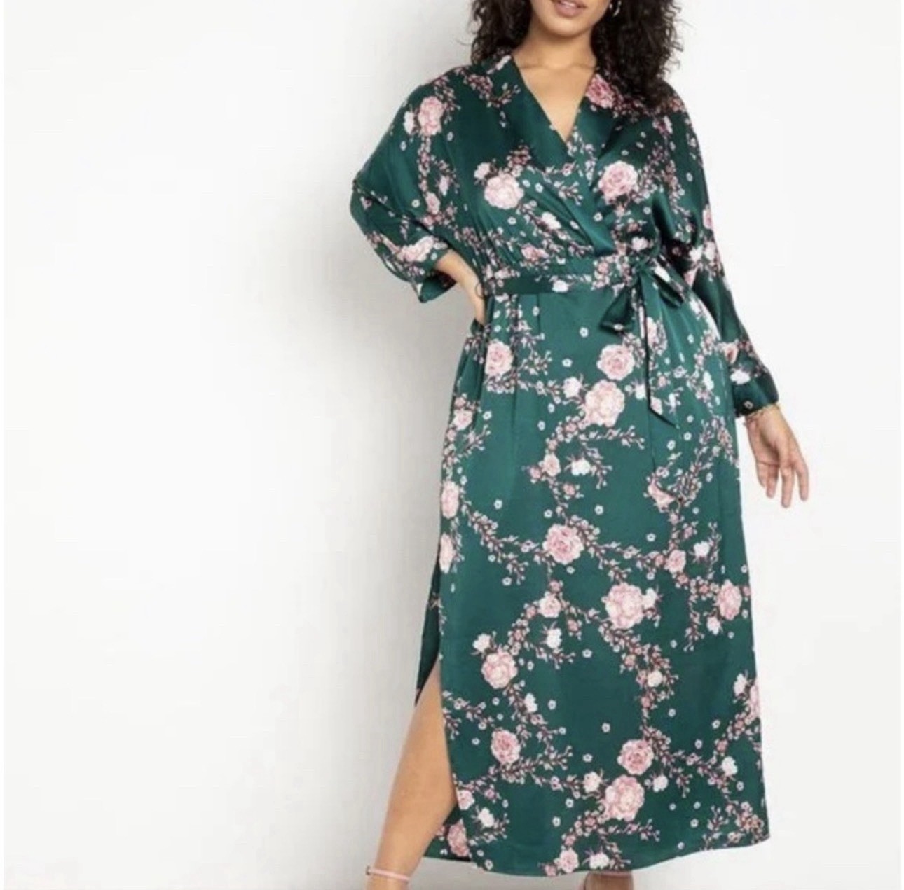 Eloquii Womens Satin Faux Wrap Dress Green Pink Floral Blossoms Kimono-Inspired