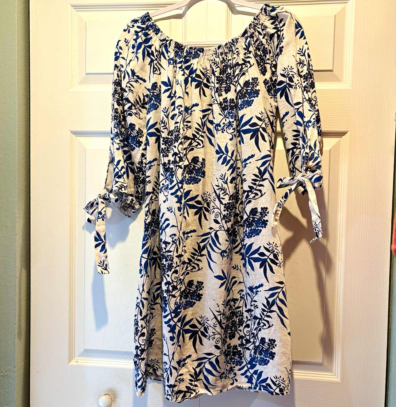 Valentina Naldi Blue White Floral Off-Shoulder Shift Dress Ties Linen Coastal L
