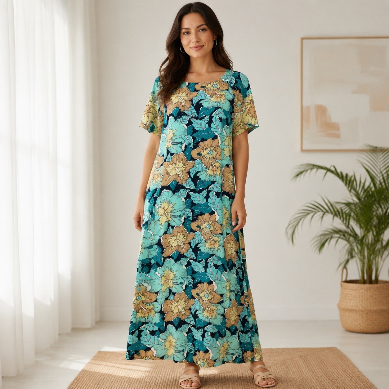 Rainbow Jo Maui Hawaii Womens Small Rayon Hibiscus Floral Maxi Dress Teal Tan