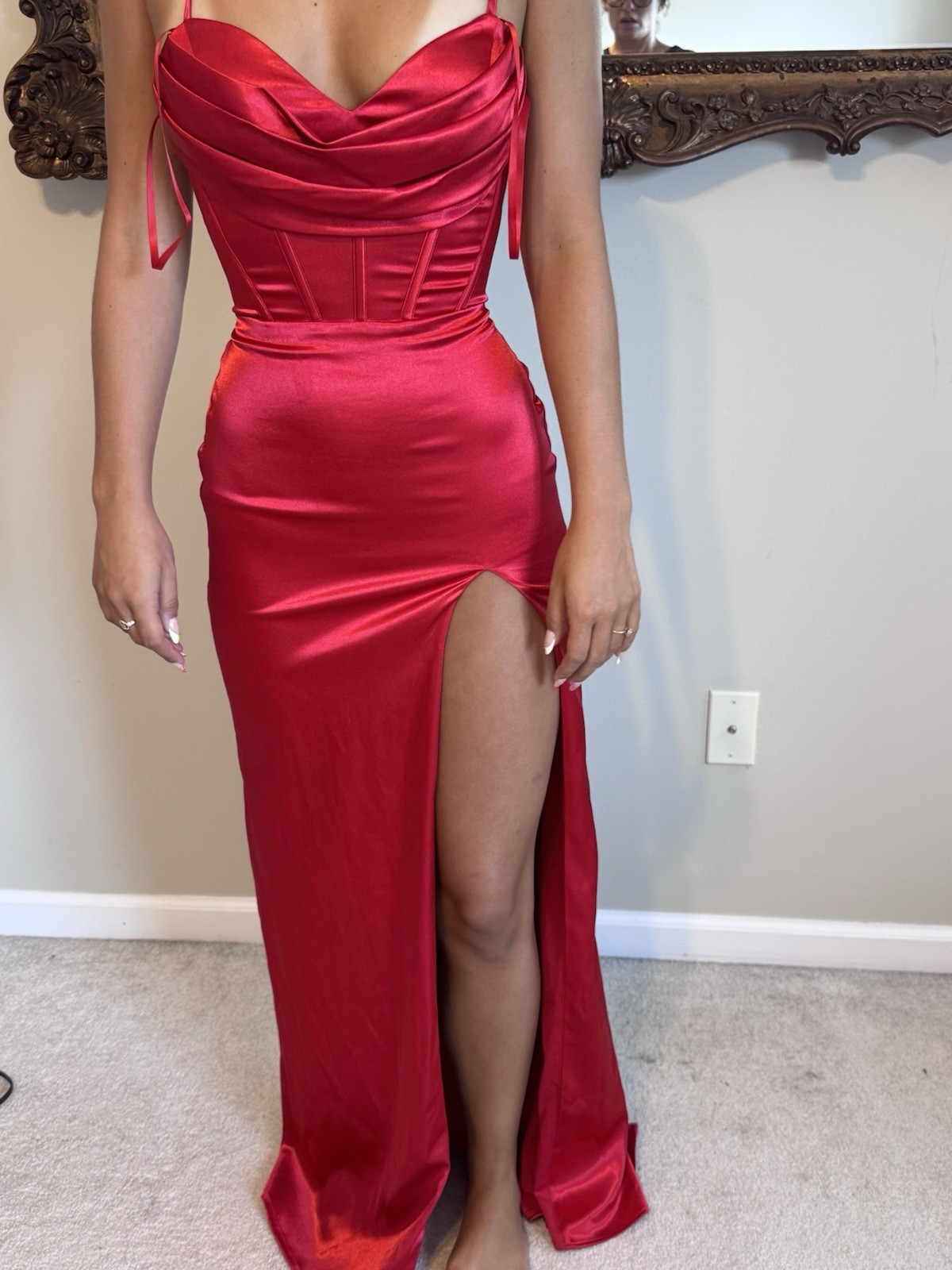 Blondie Nites Red Satin Long Gown Corset Open Back Slit Cowl Lace Up Size 1