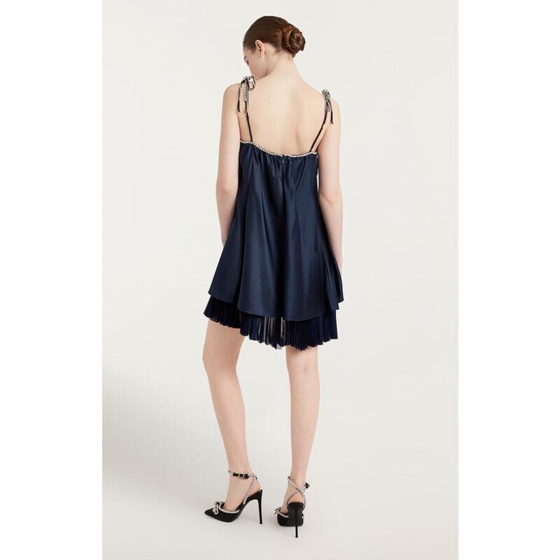 CINQ A SEPT Rhinestones Pleated Hook And Eye Silk Muni Dress Navy Size 8 NWOT