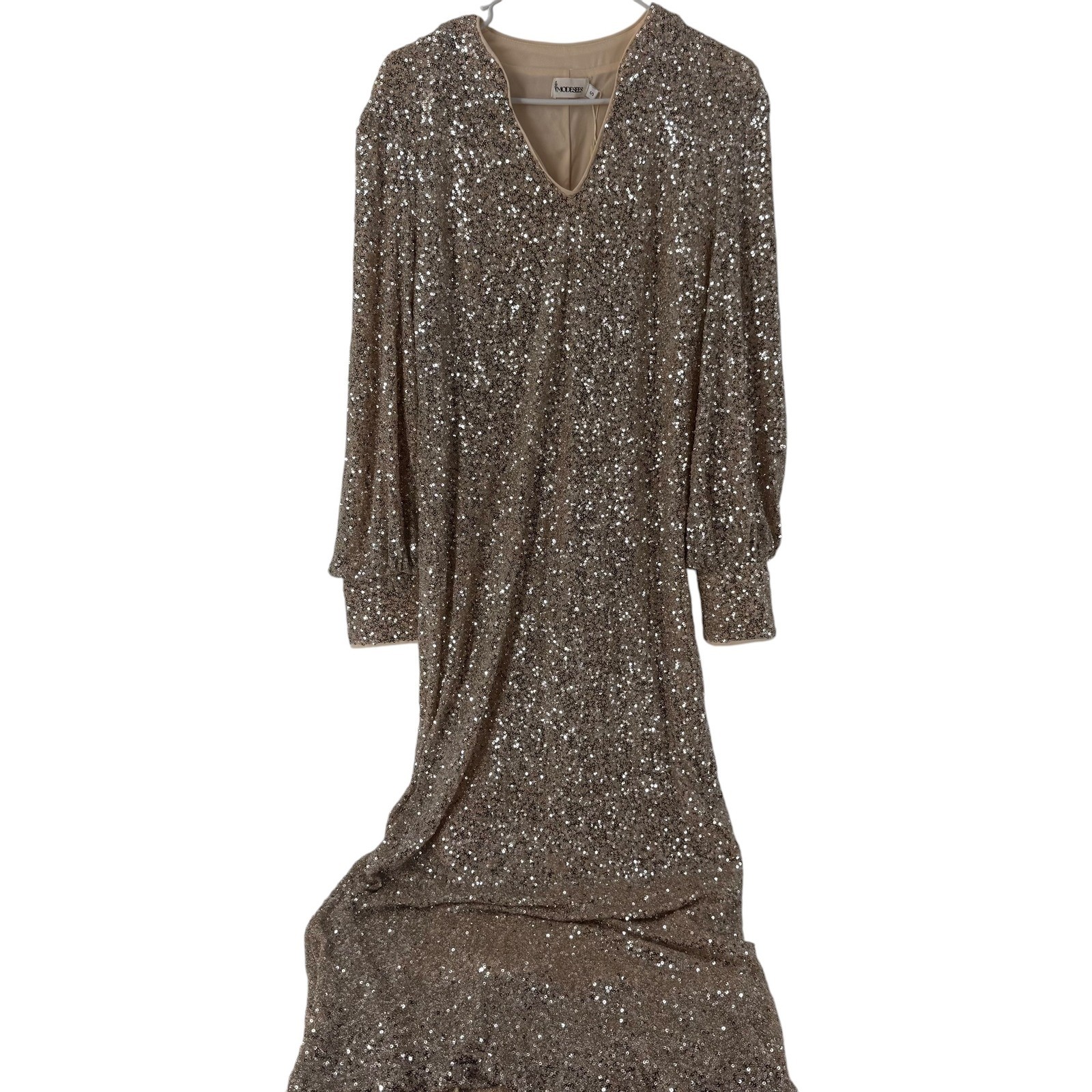 Modesees Women Champagne Gold Sequin Maxi Gown V-Neck Long Bishop Sleeve Size S