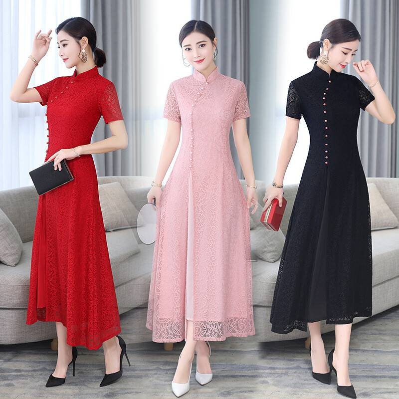 Women Evening Party Dress Chinese Traditional Lace Cheongsam Lady Summer Qipao