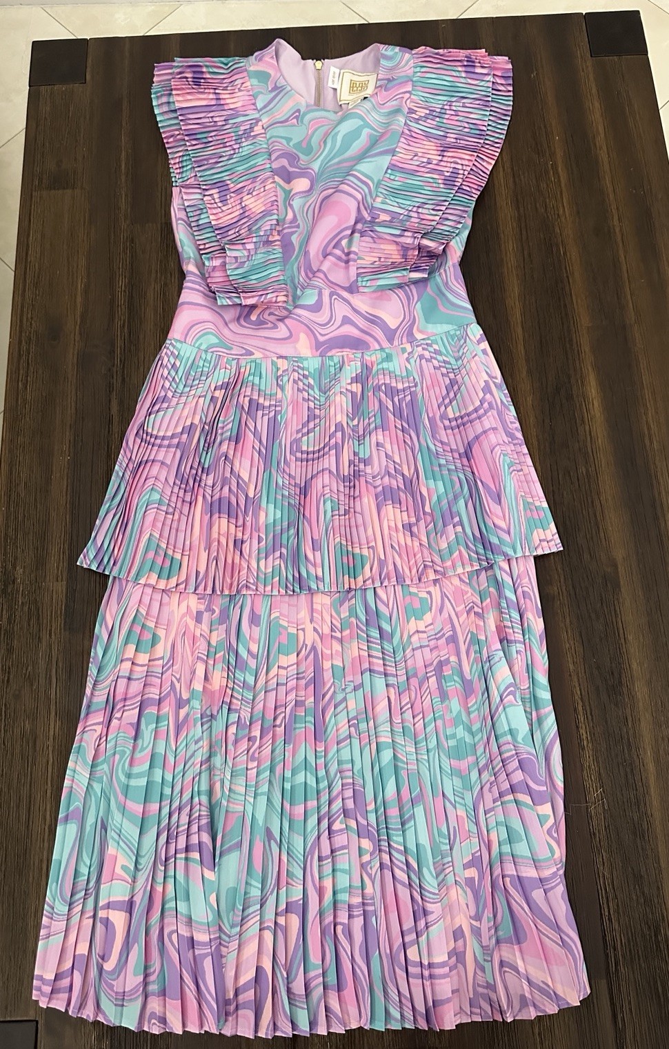 Emily McCarthy Chloe Marble Print Midi Dress XS Pink Blue Pleated Ruffle Preppy