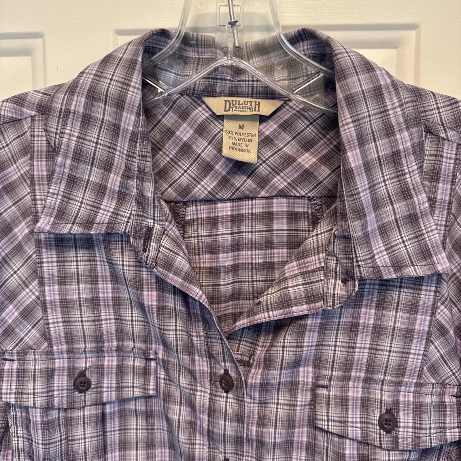 Duluth Purple Plaid Button-Down Shirt Dress Tie Pockets Size M polyester nylon