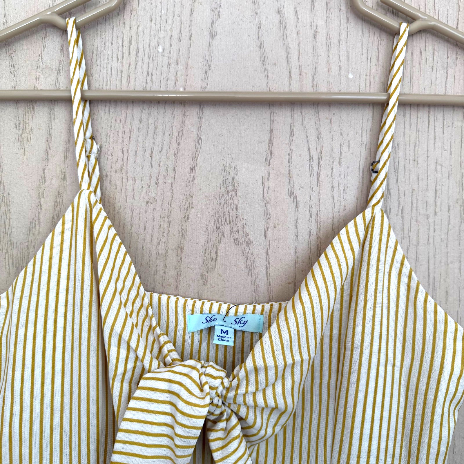 Boho Yellow White Striped Tie Front Ruffle Mini Dress Size M NWT Cottage Coastal
