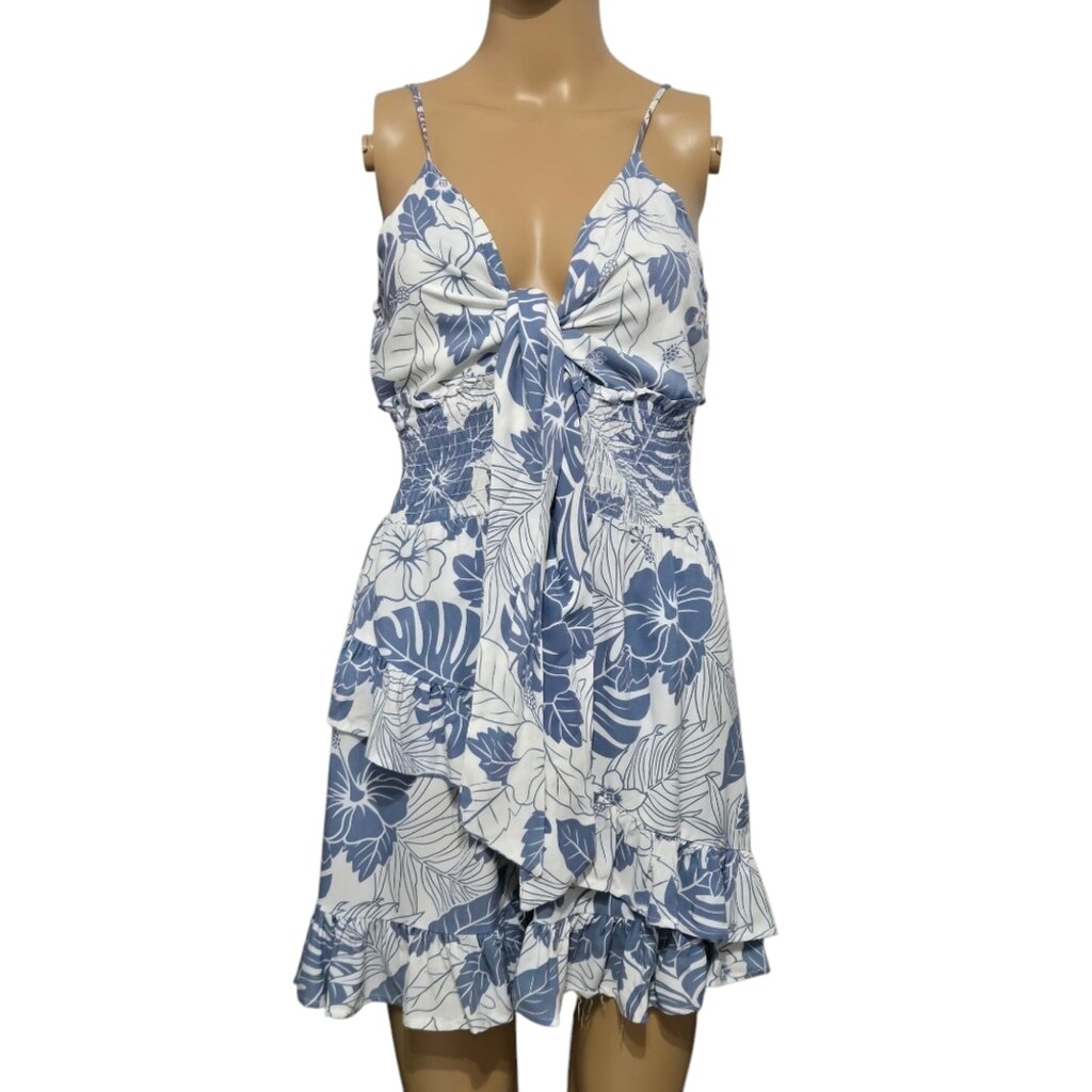 Ocean Dive Summer Floral Blue and White Ruffle Layer Dress Size Medium