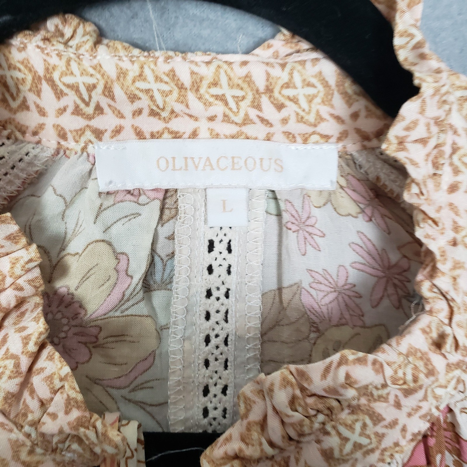 Olivaceous Size L Tiered Mini Dress Muted Boho Floral Print Summer Flowy Coastal
