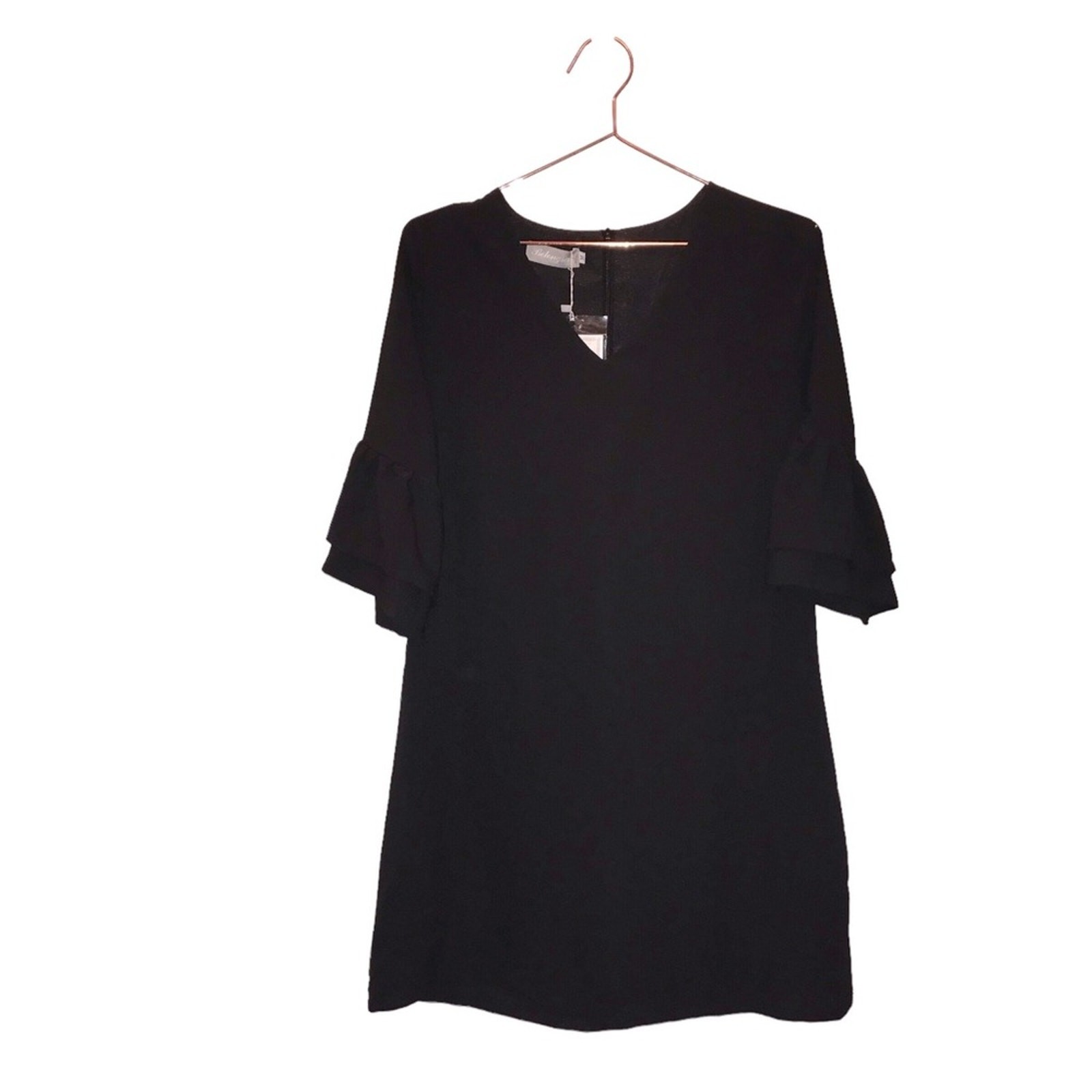 BELONGSCI V-Neck Bell Sleeve black lined Shift Dress size medium