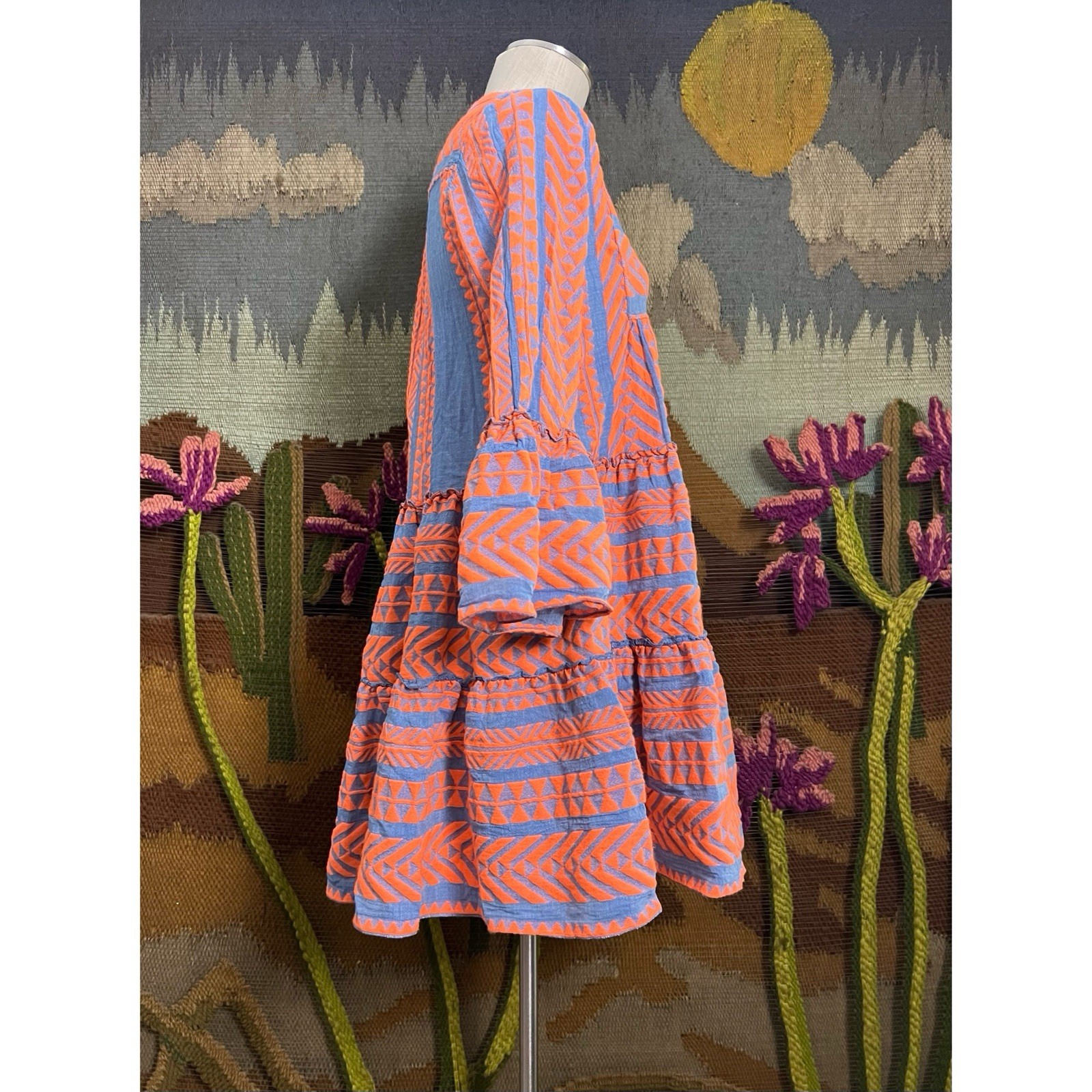 Devotion Twins Embroidered Orange Chambray Blue Embroidered Mini Dress XS
