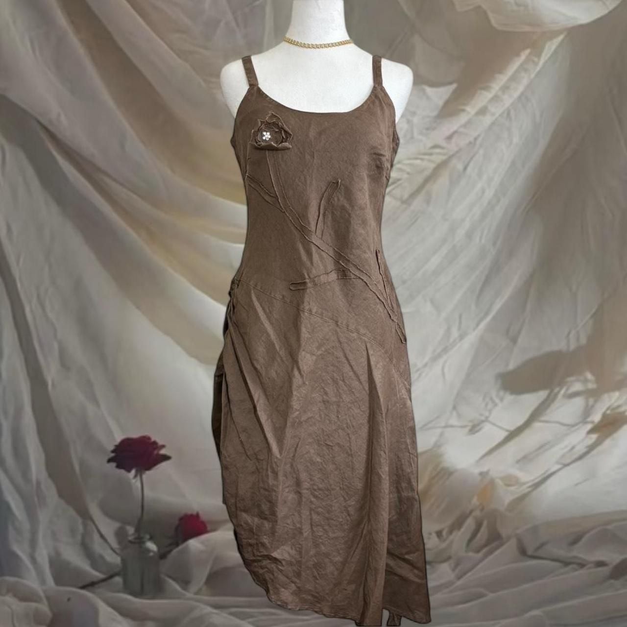 CRISTY Vintage Y2K Brown Linen Asymmetrical Rhinestone Flower Dress