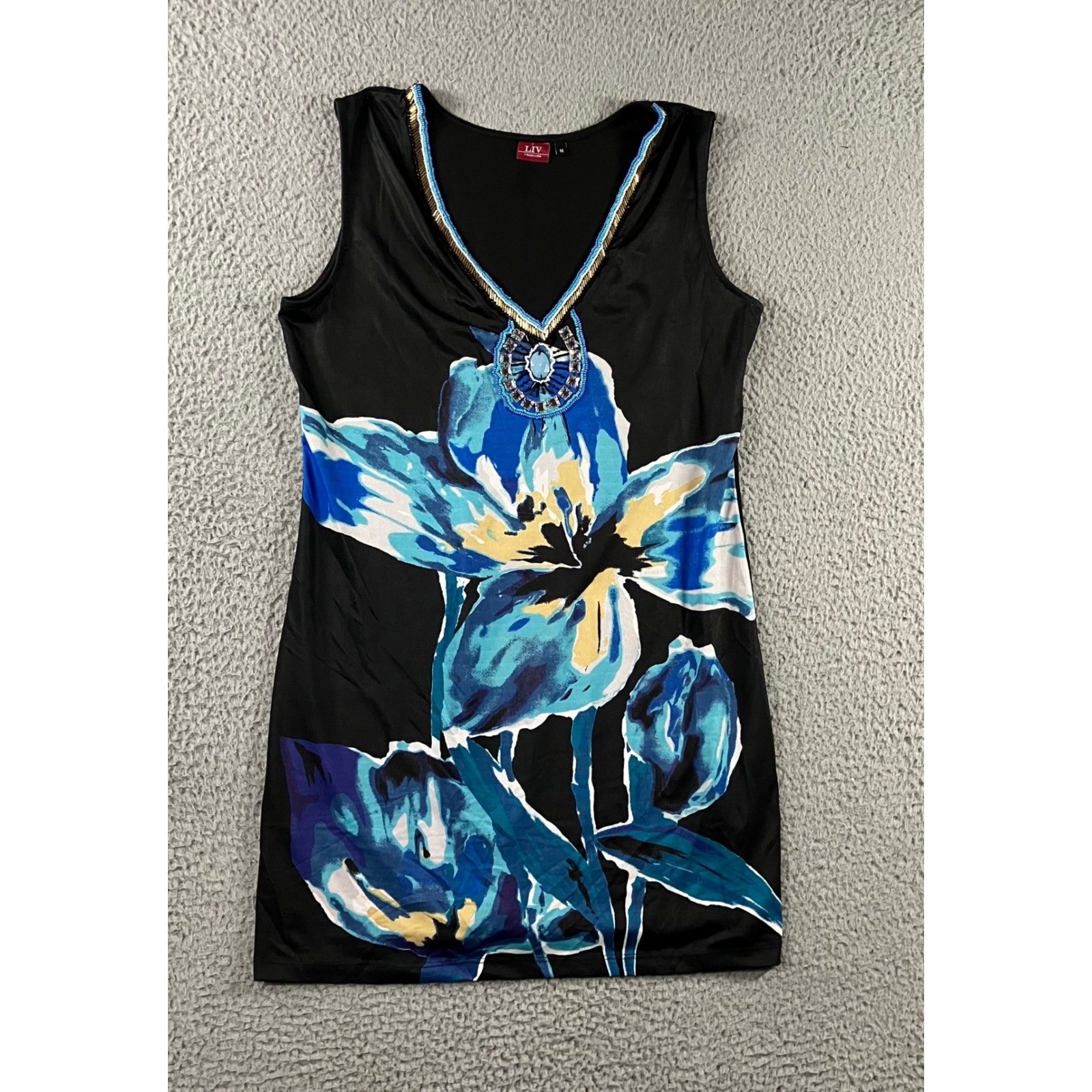 LIV Collection Mini Dress Women M Black Blue Floral Beaded V-Neck Sleeveless