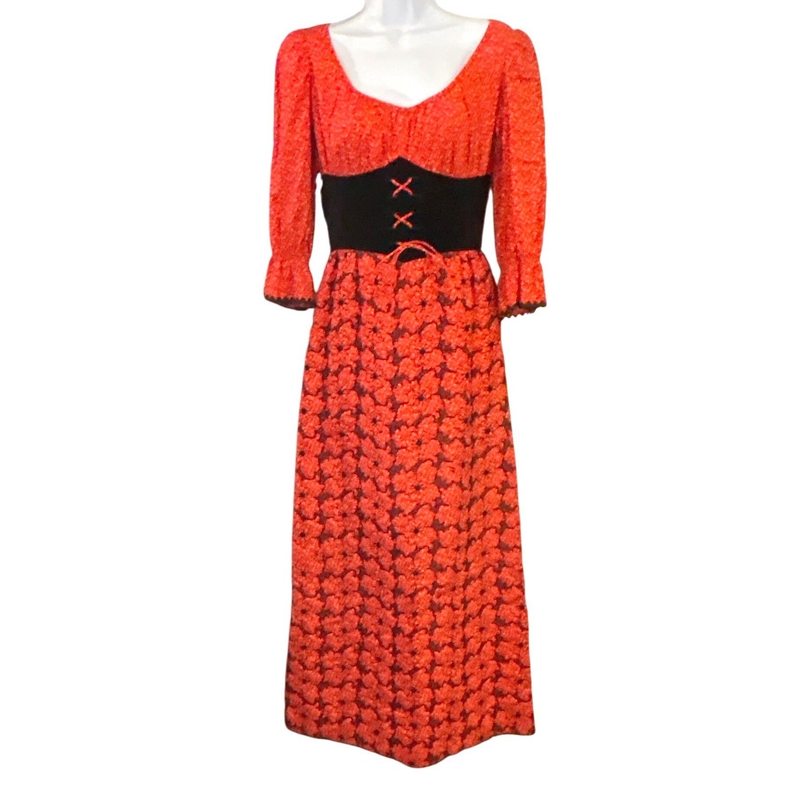 Vintage 70s 80s Tracy Petites Quilted Prairie Dress Calico Floral Ric Rac Corset