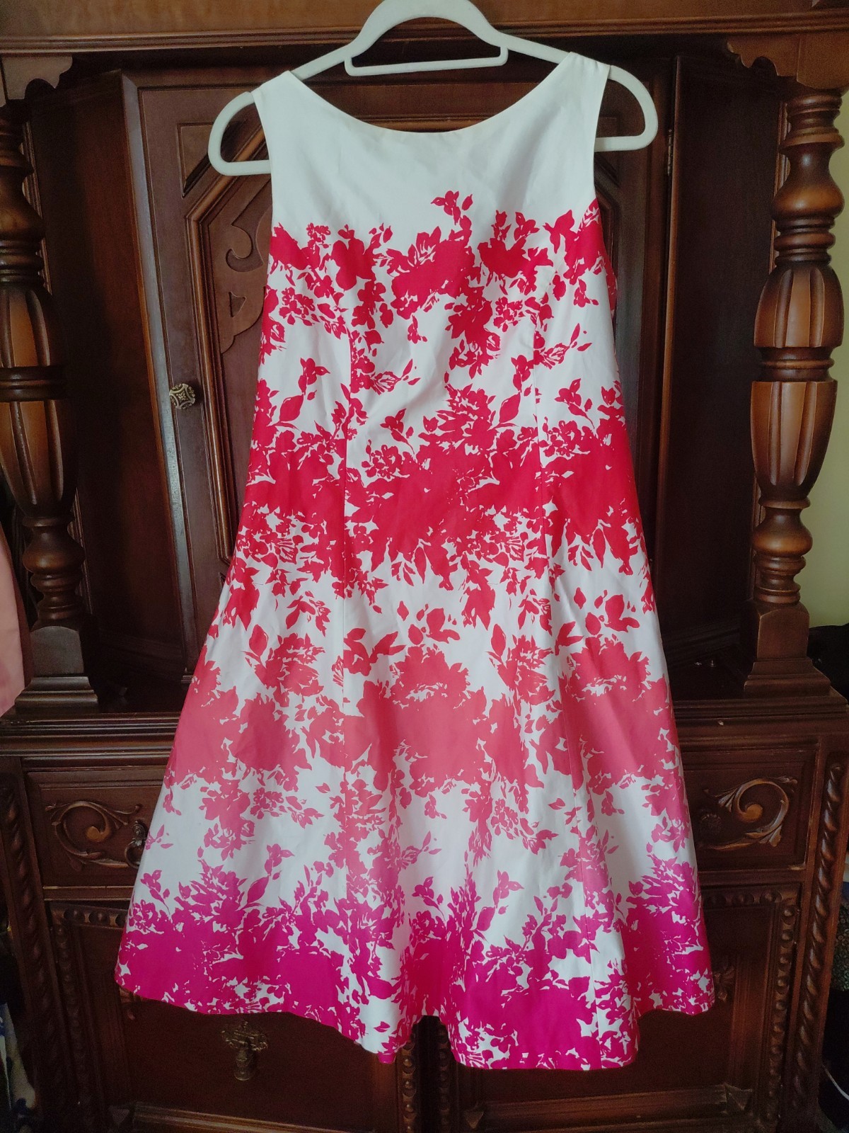 100% Cotton M L 10 Floral Fit Flare Dress Coral Pink Red Sleeveless Knee $109