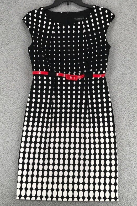 Connected Apparel Sheath Dress Sz 4P Sleeveless Belted Stretch Black White Dots