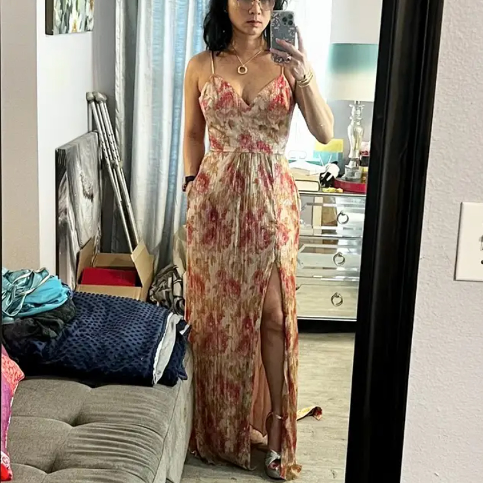 Dress the Population Floral Pleated Maxi Dress XS Metallic Plisse Slip Gown $268