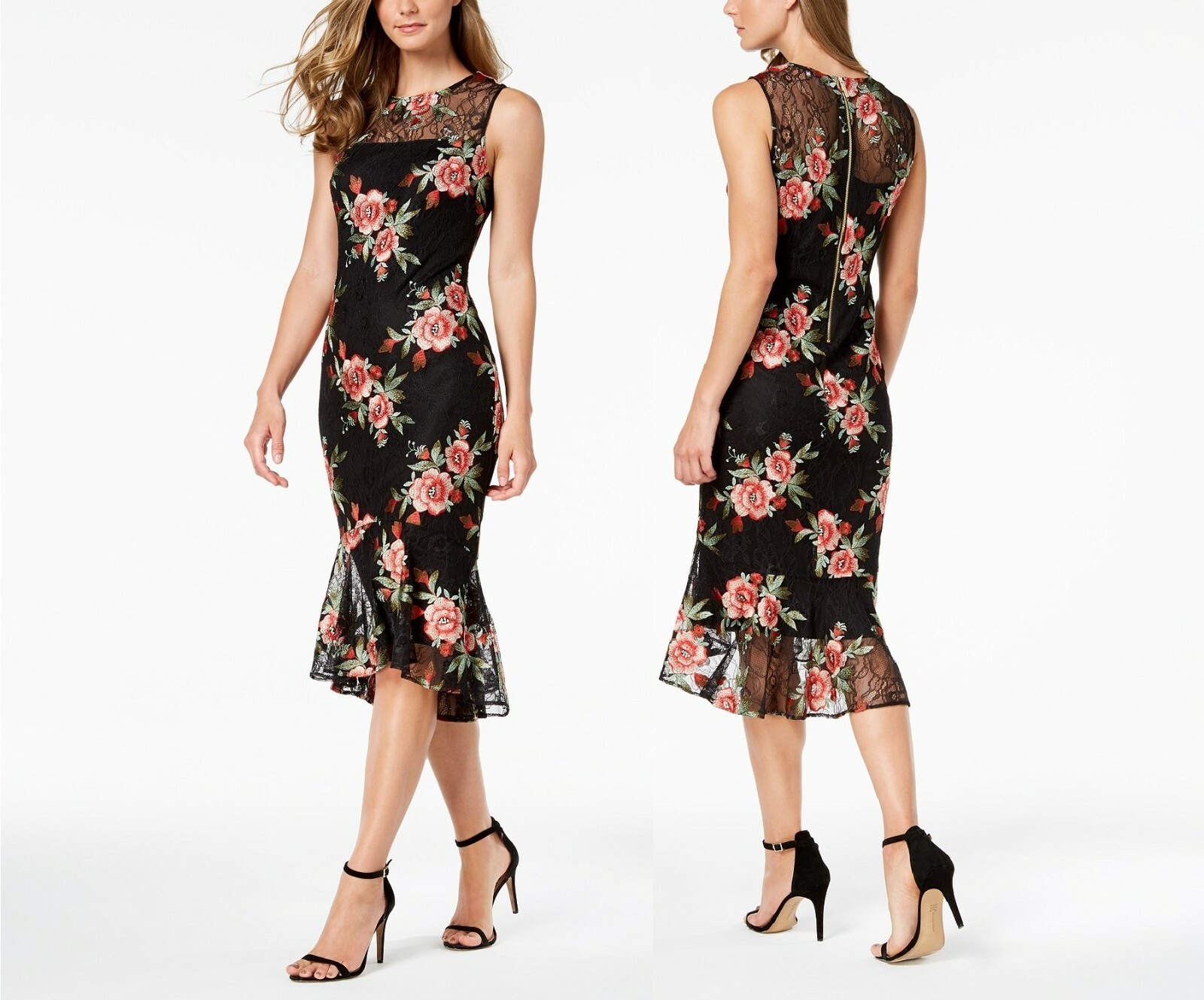 CALVIN KLEIN Floral Embroidered Lace Flounce Ruffle Sheath Trumpet Dress, 4