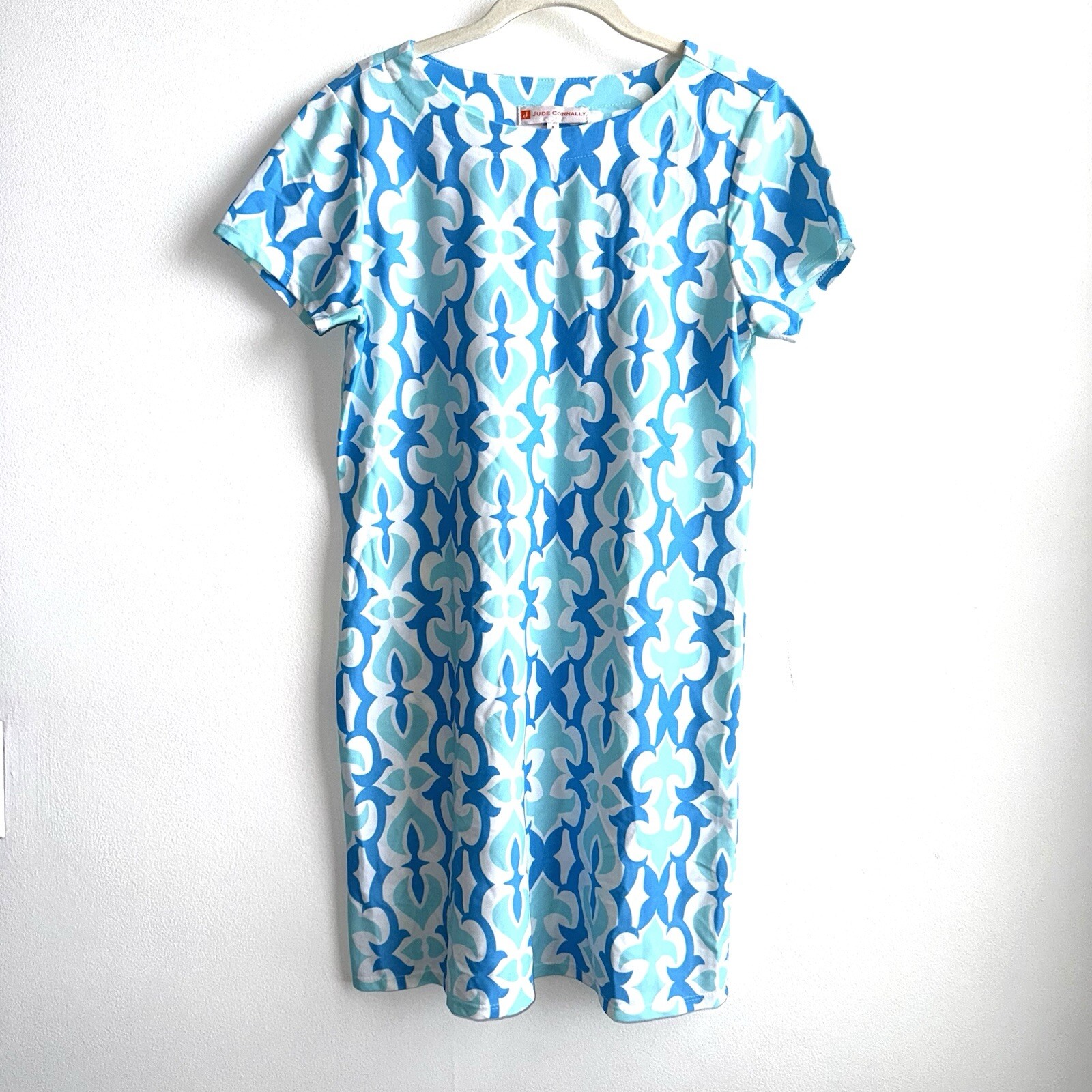 Jude Connally Dress Womens Size Small Blue White Stretch Short Sleeve Geometric