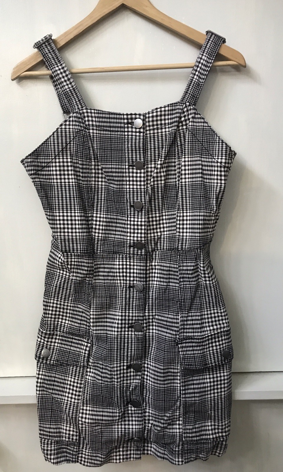 Tinsel Town Mini Dress Size M Sleeveless Button-Up Pockets Stretch Plaid