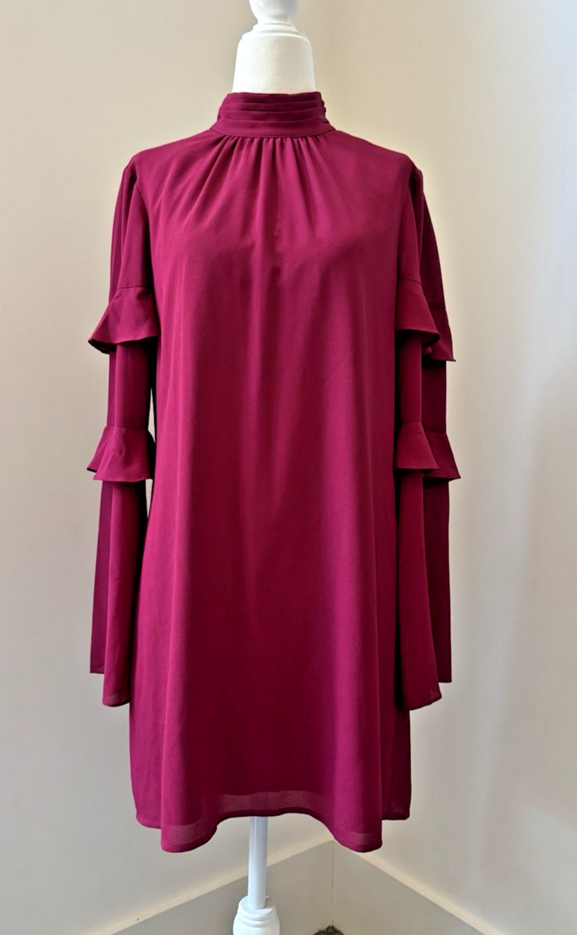 Ali & Jay Berry Magenta Shift Dress S Mock Neck Ruffle Sleeve Cocktail