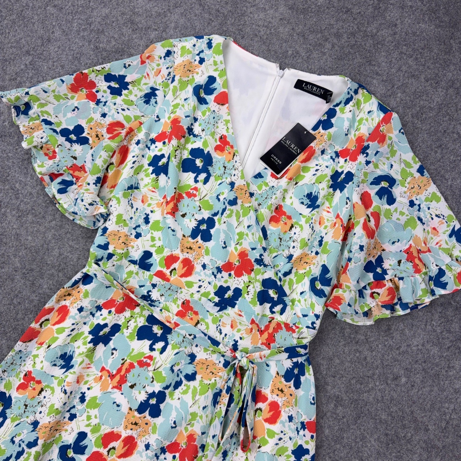 Ralph Lauren Dress Womens 10P White Floral Faux Wrap Crepe Flutter Sleeve Summer