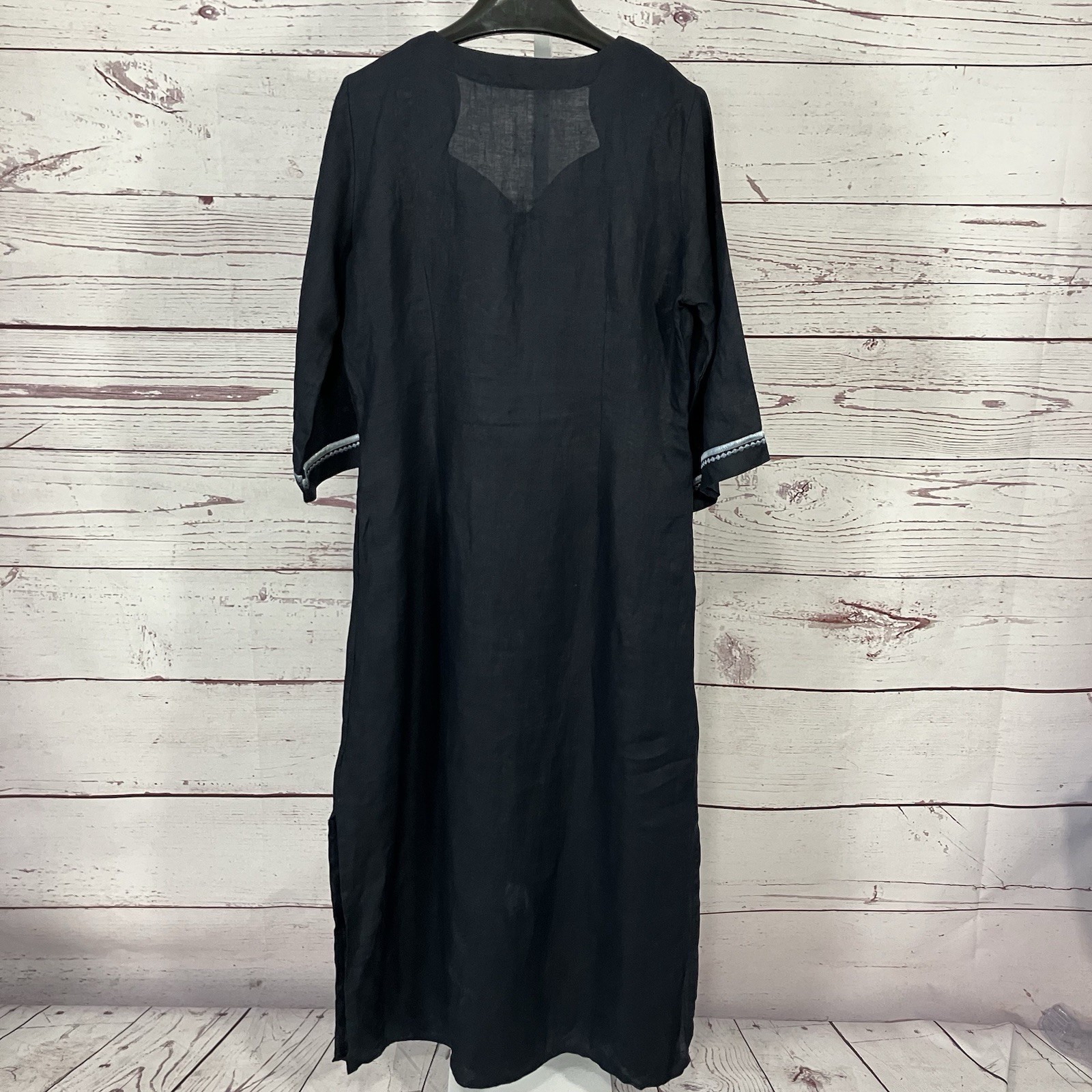 Handmade Linen Blend Embroidered Caftan Maxi Dress Blue Boho Medium
