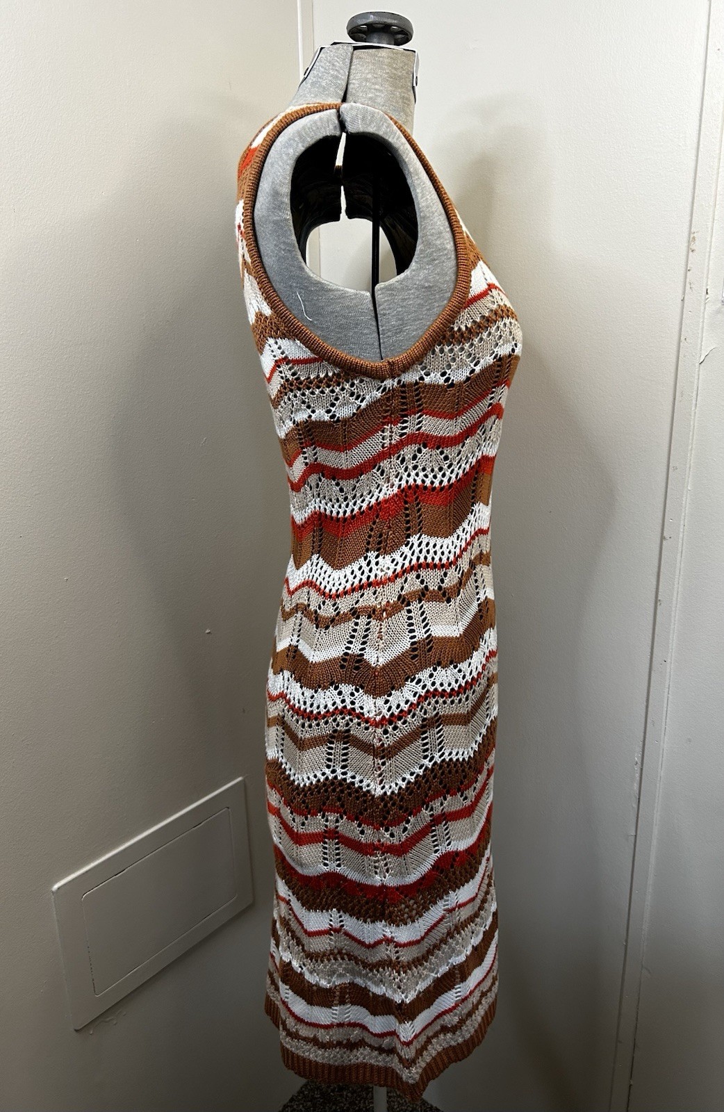 New Brown/White/Red Chevron Striped Crocheted Dress