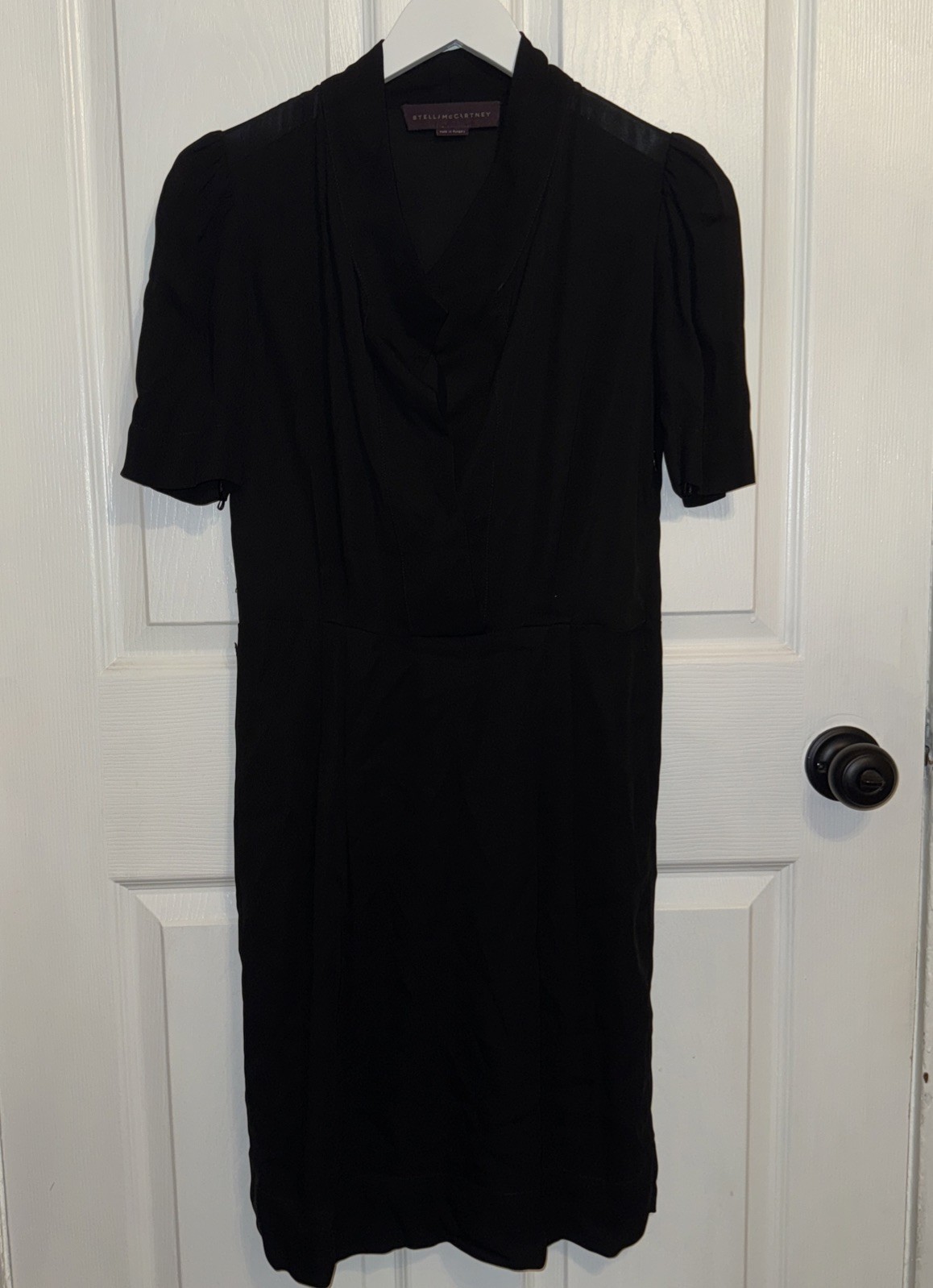 Stella McCartney Black Mini Dress Pleat Front V Neck Size 38 Short Sleeve