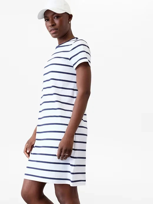 NEW Athleta Essential Tee Dress Winona Navy Stripe Stretch Size Small