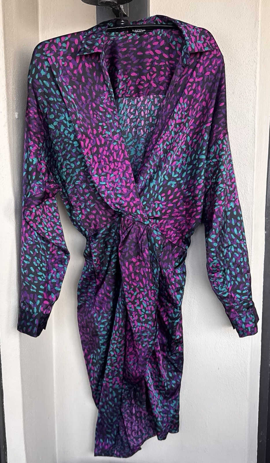 Express Portofino Faux Wrap Dress Purple/Teal/Black Geometric Long Sleeve Small