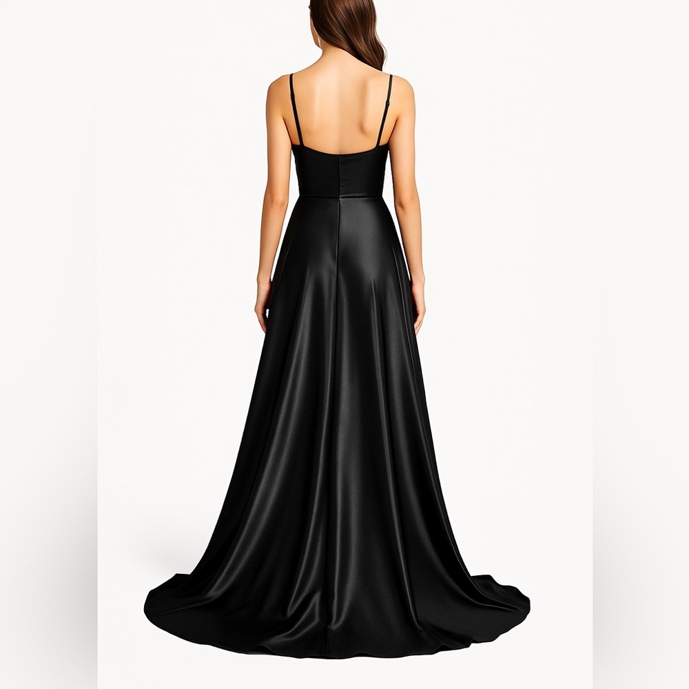 Black Satin Spaghetti Strap Evening Gown Long Dress w/ Slit Trailing Hem Size S
