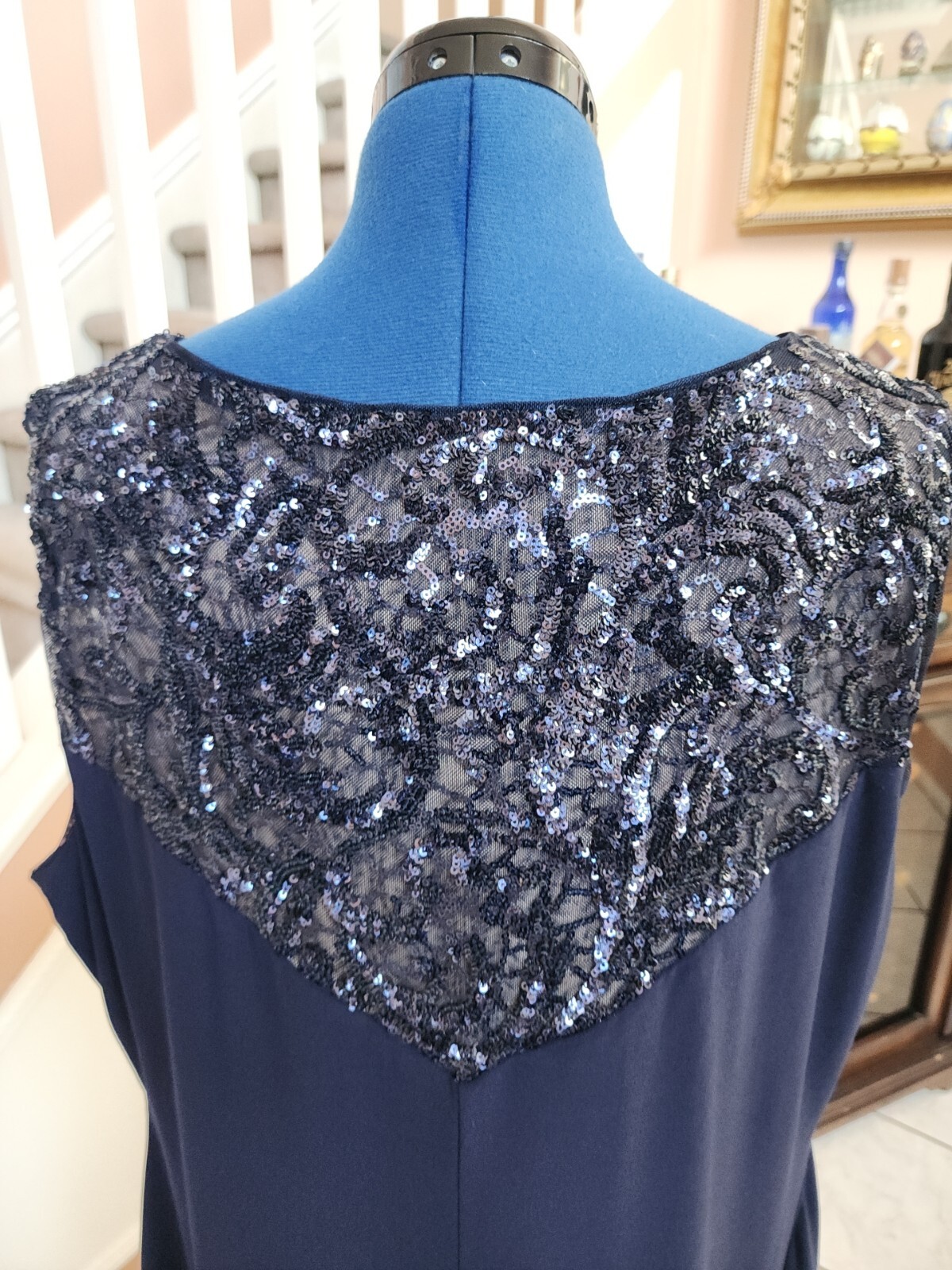 NWT RALPH LAUREN Blue Sequin Round Neck Side Gathered Sleeveless Dress 22W $165